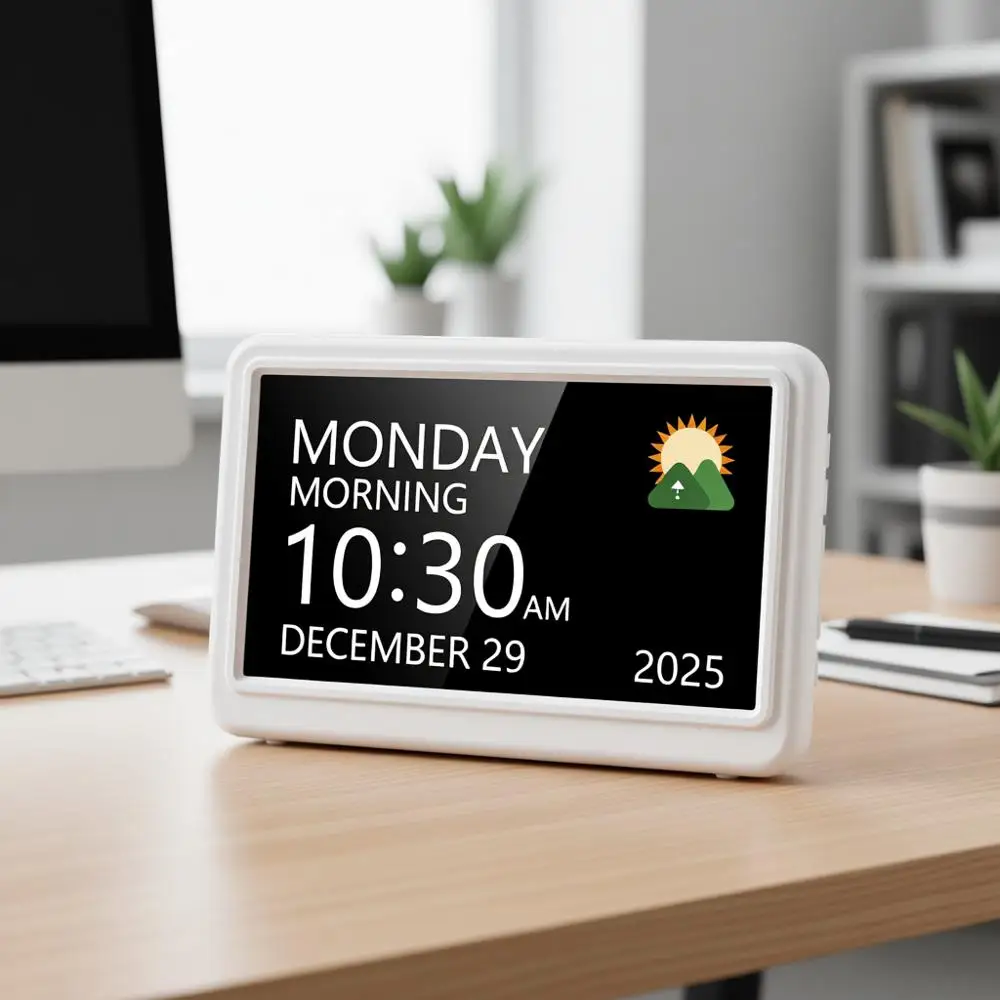 

Перезаряжаемые цифровые часы с отображением дня и даты, 7-дюймовым большим дисплеем, 20 будильниками и напоминаниями о приеме лекарств, автоматической сменой летнего времени/регулировкой яркости, 12 темами, идеально подходят для дома.