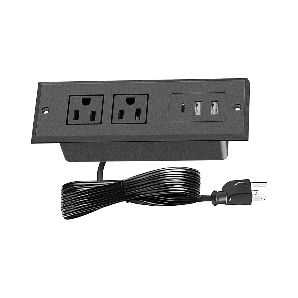 Recessed Embedded Power Strip 2 AC Outlets 2 USB-A & 1 Type-C Ports(5V 2.1A) 1.5M Extension Cord, Flush Mount Socket for Office Desk, Meeting Table, Cabinet, Hotel Reception, Studio Workbench
