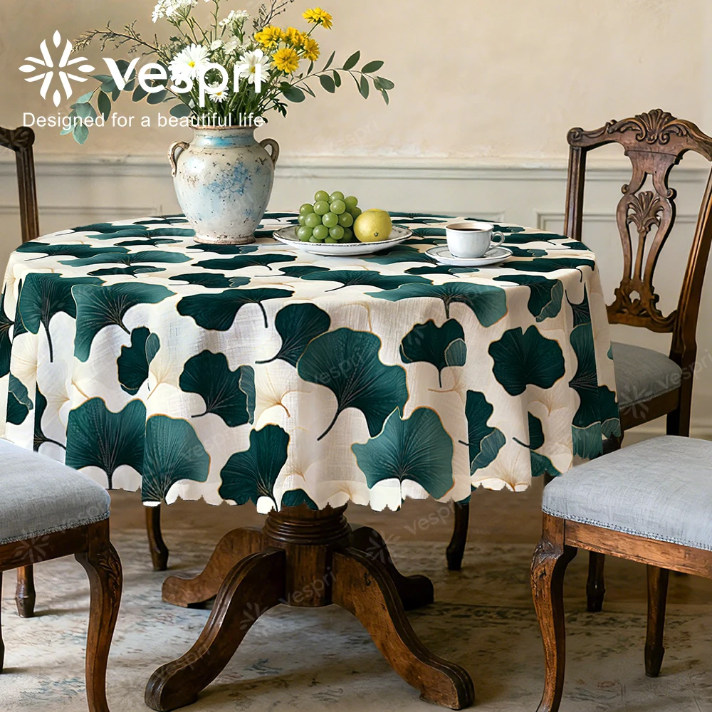 Vespri Spring Tablecloth Floral Easter Green White with Ginkgo Leaves Flowers Fruits Round Rectangle Oval