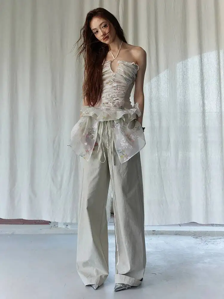 

Apricot High Waist Printed Drawstring Long Wide Leg Pants New Trousers Women Fashion Spring Autumn 2026 56WO