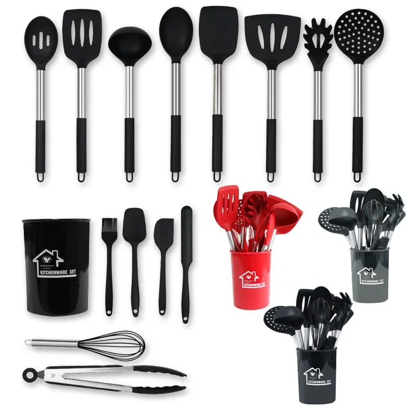 15 Pcs Silicone Spatula Soup Spoon Stainless Steel Spatula High Temperature Resistant Non-stick Surface Silicone Kitchen Set