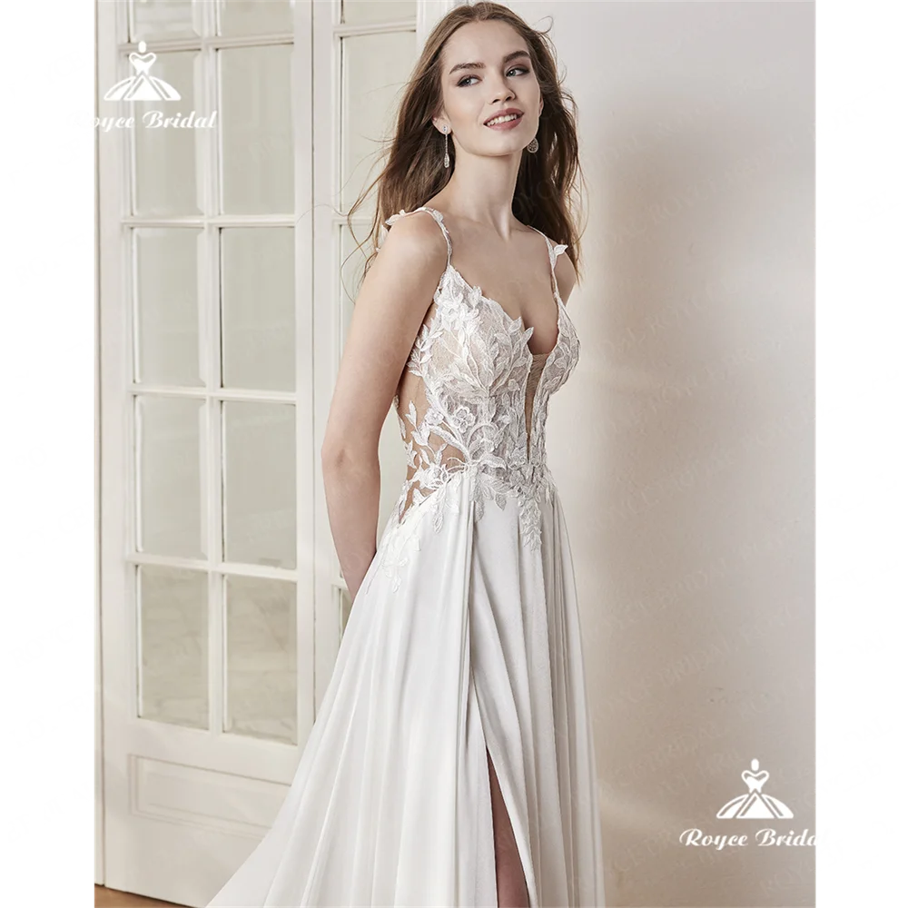 Roycebridal-vestido de novia Línea A con cuello en V, gasa de encaje, Espalda descubierta, corte en tren, 2025