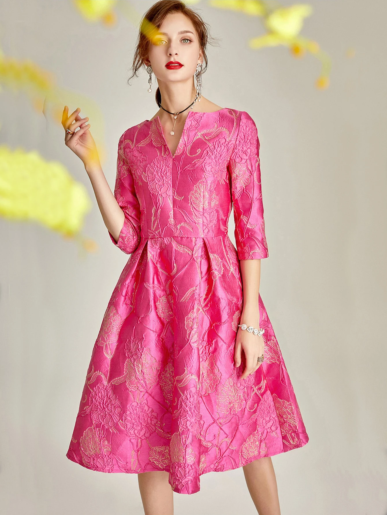 DEVCHATA Luxus Kleid Frauen Mode Elegante Jacquard Kleid Party Floral Frauen Kleidung Abend Vintage Kleid Formale Vestidos – Detail 8