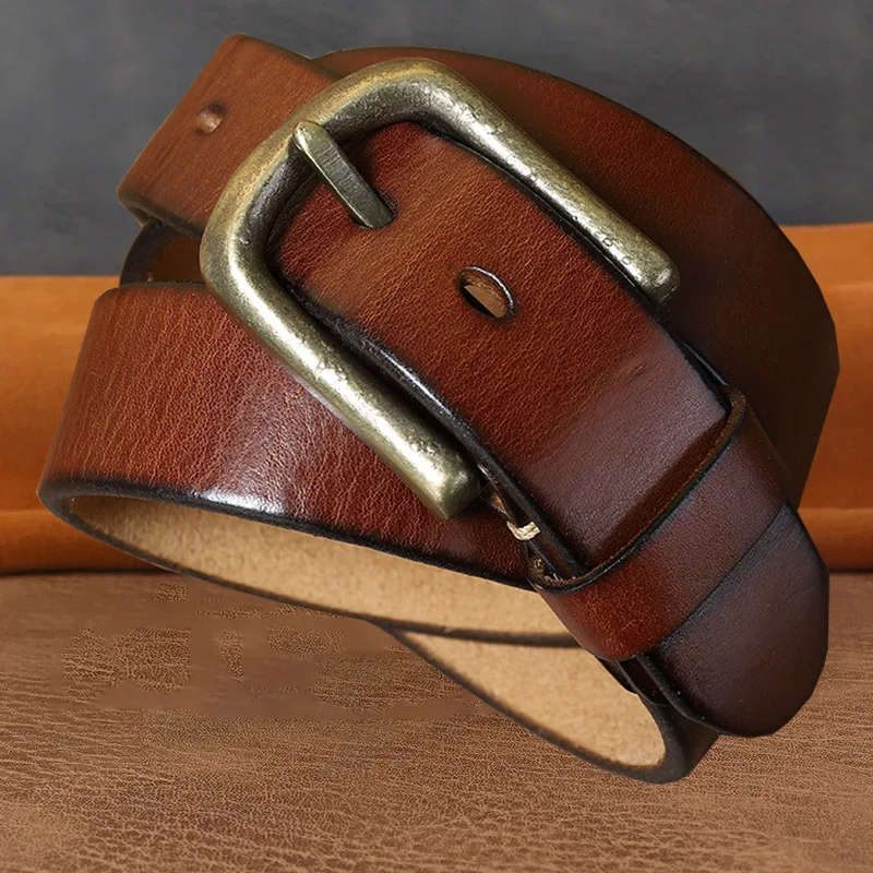 3.8cm Vintage Thickened Leather Copper Needle Buckle Men Belt Women's Travel Hunting High Quality Cowhide Comfortable Pants Belt