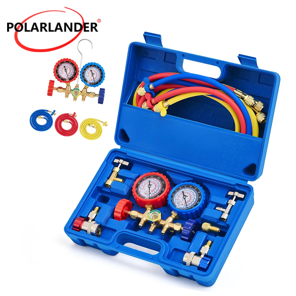 Car HVAC Manifold Gauge Set With 2 Style Can Taps 1/4'' Quick Couplers 1/4‑1/2'' Acme Adapter For R134a R12 R22 R502 Repair