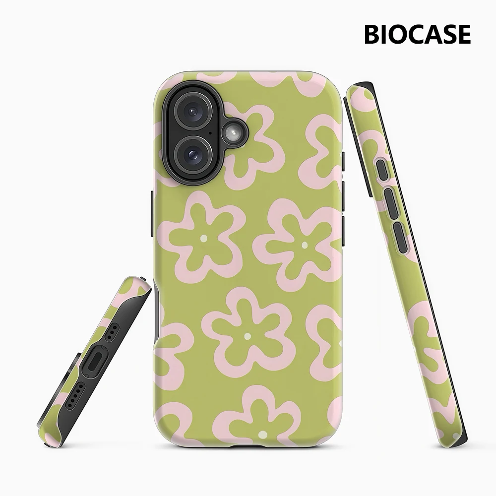 Minimalistische rosa Blumen grün IPhone 17 Must-Haves Handyhülle für IPhone 17 16 15 14 13 12 Pro Max Plus Doppelschichtige Rückseite