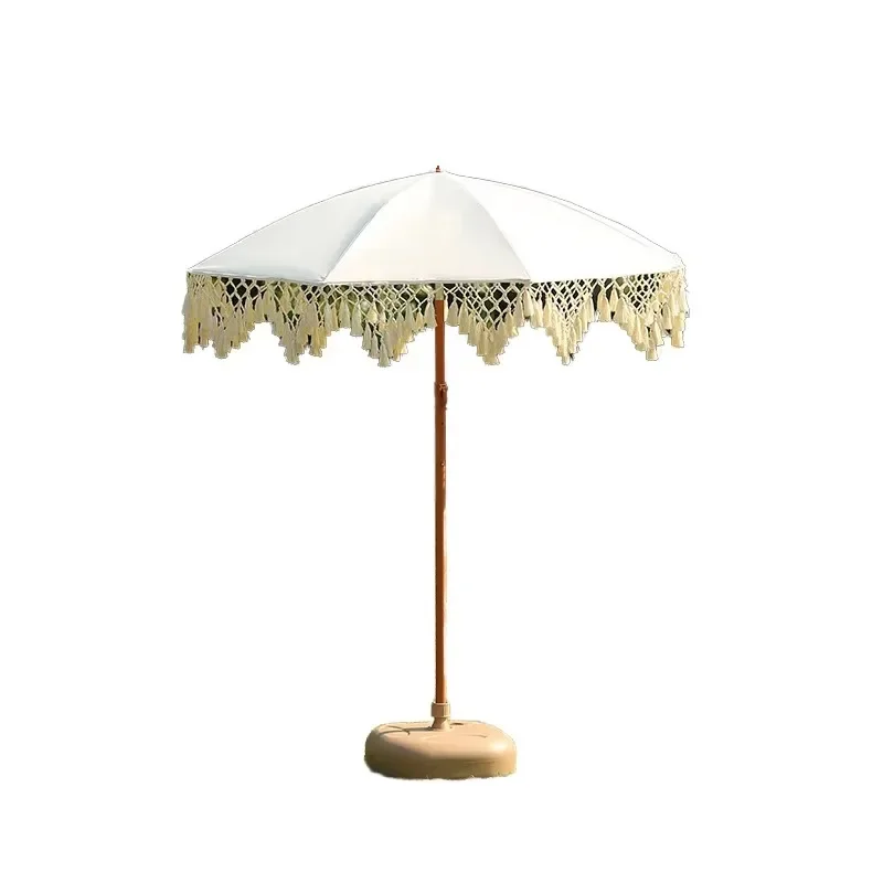Modern Pencil Sun Umbrella 8 Ribs Steel Shaft Dacron Canopy Fringe Tassel Handheld Parasol for Travel Beach Photography