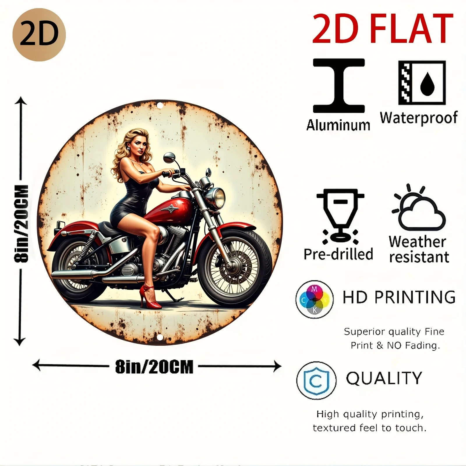 2D Flat - A Flat, Circular Metal Artwork in 2D Depicting a Pin-Up Girl on a Motorcycle, Ideal for Decorating a for Home Garage O