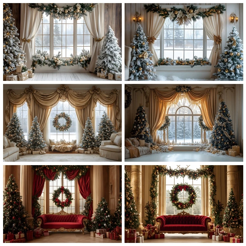 

Merry Christmas Backdrop Photography Window Curtain Xmas Tree Baby Photo Photographic Family Party Background Photo Studio Props