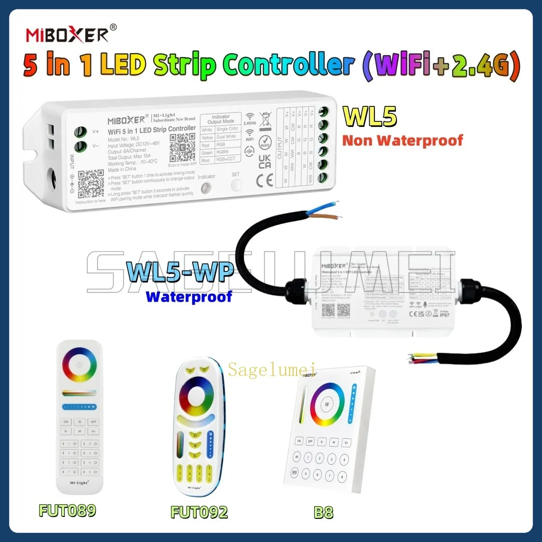 جديد Miboxer WL5-WP مقاوم للماء WL5 FUT089 FUT092 B8 5In1 التحكم لواحد/مزدوج اللون RGB RGBW RGB + CCT Led قطاع تحكم 2.4G