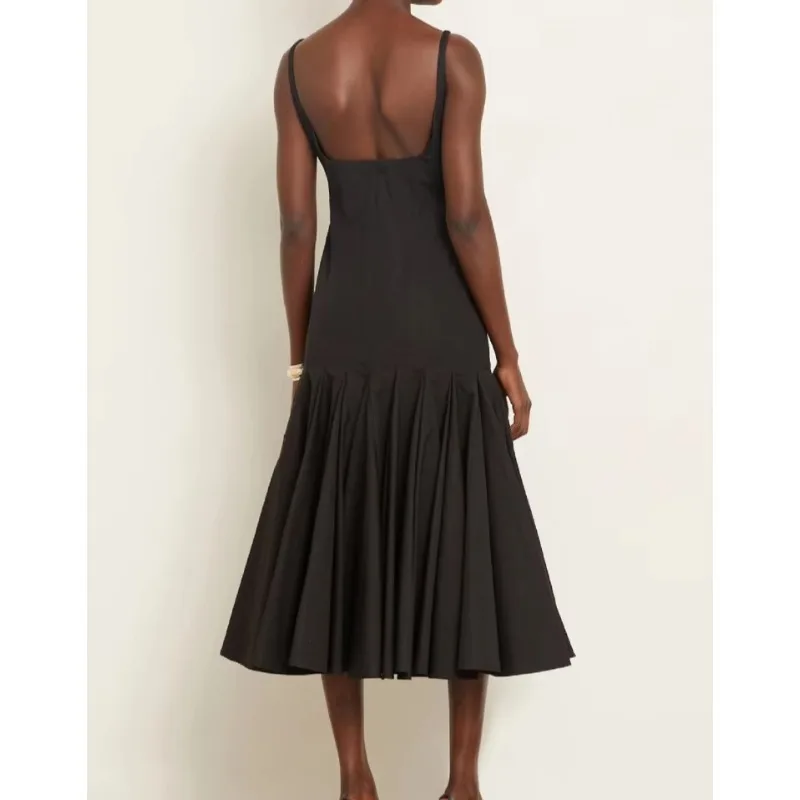 Spaghetti Strap Backless Sexy Maxi Dress Women Black Off-shoulder Sleeveless High Waist Pleated Club Party Long Dresses