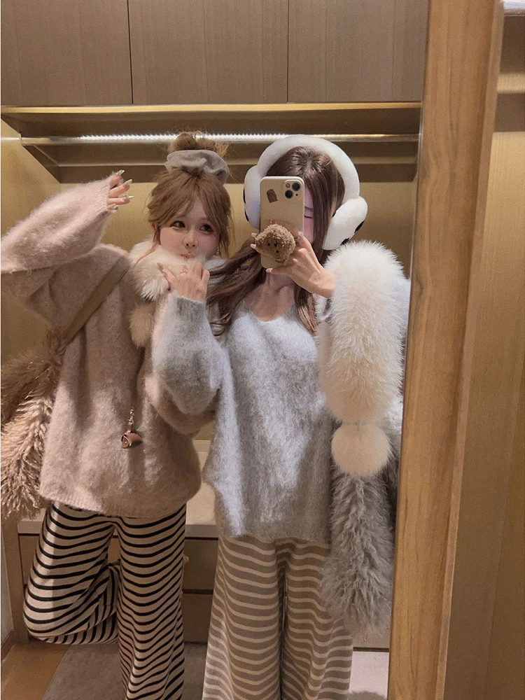 

Свитер Yukiss из 100% шерсти с V-образным вырезом, плотный, с имитацией меха, женский повседневный свободный вязаный свитер с длинными рукавами