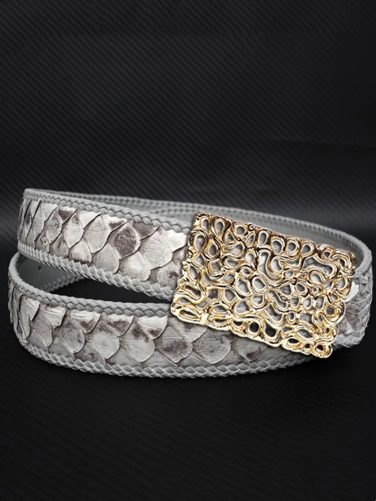 Luxury Mens Genuine Leather Snake Skin Belt Long Business Casual Fashion Weave Serpentine Belt Male