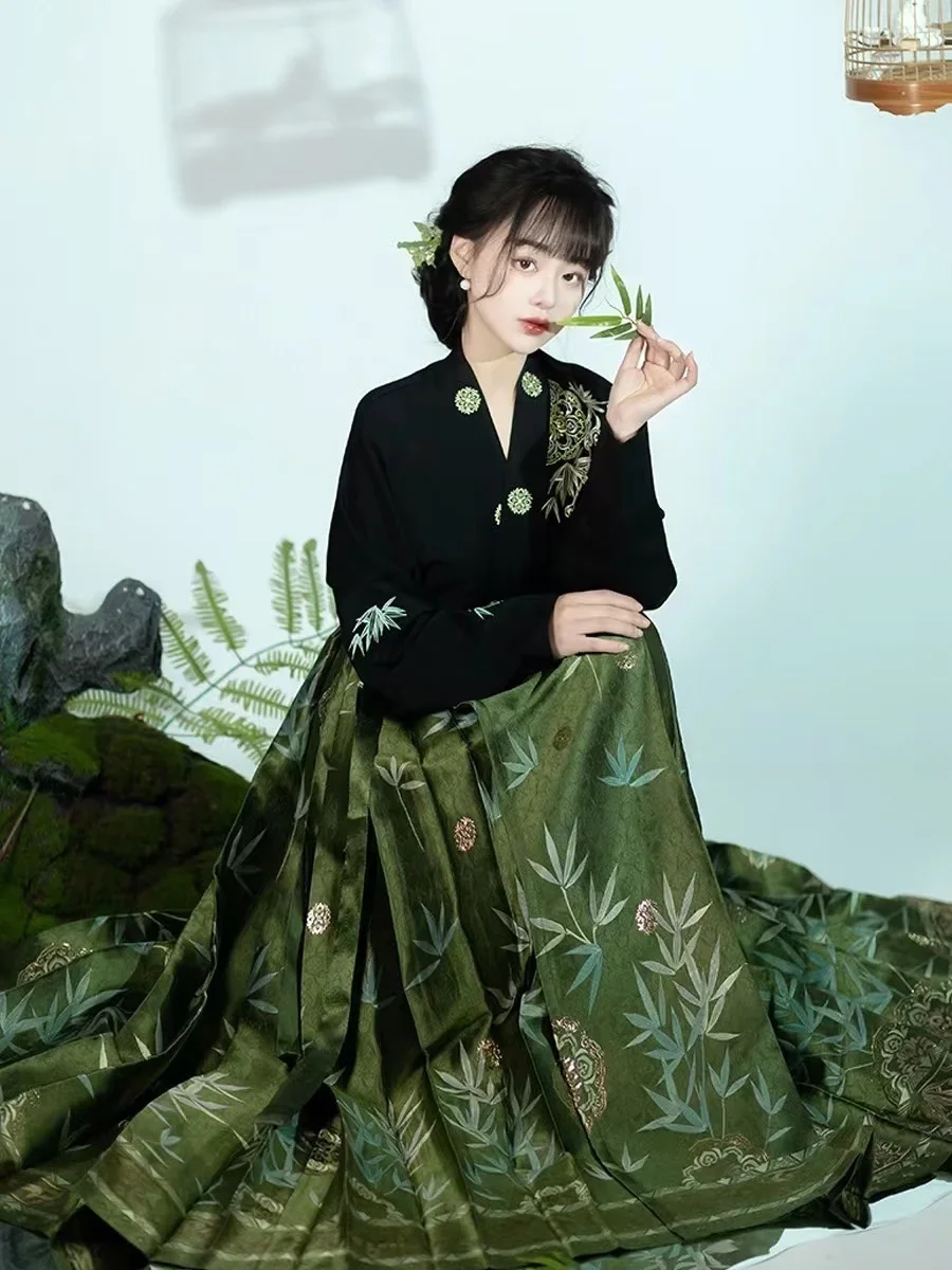 오리지널 한푸 스커트, 중국 스타일 코스튬, 마미안쿤, 명나라 직조, 골드 말 페이스 스커트, 중국 원피스