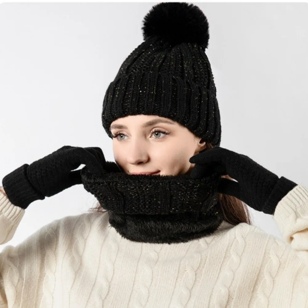 3pcs Soft Solid Color Hat Scarf Gloves Set Cute Pompom Thickened Knitted Hat with Velvet Keep Warm Beanie Hat Boys