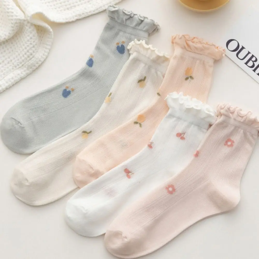 Soft Flower Ruffle Lace socks Cherry Love Printed Mesh Ankle Socks Lolita JK Summer Tube Socks Girl