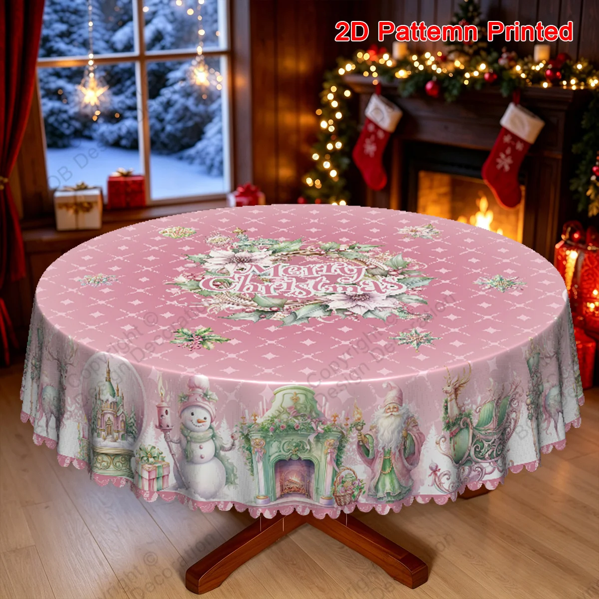 1 piece, Merry Christmas themed tablecloth, light green dreamy Christmas illustration with Santa reindeer and sleigh print
