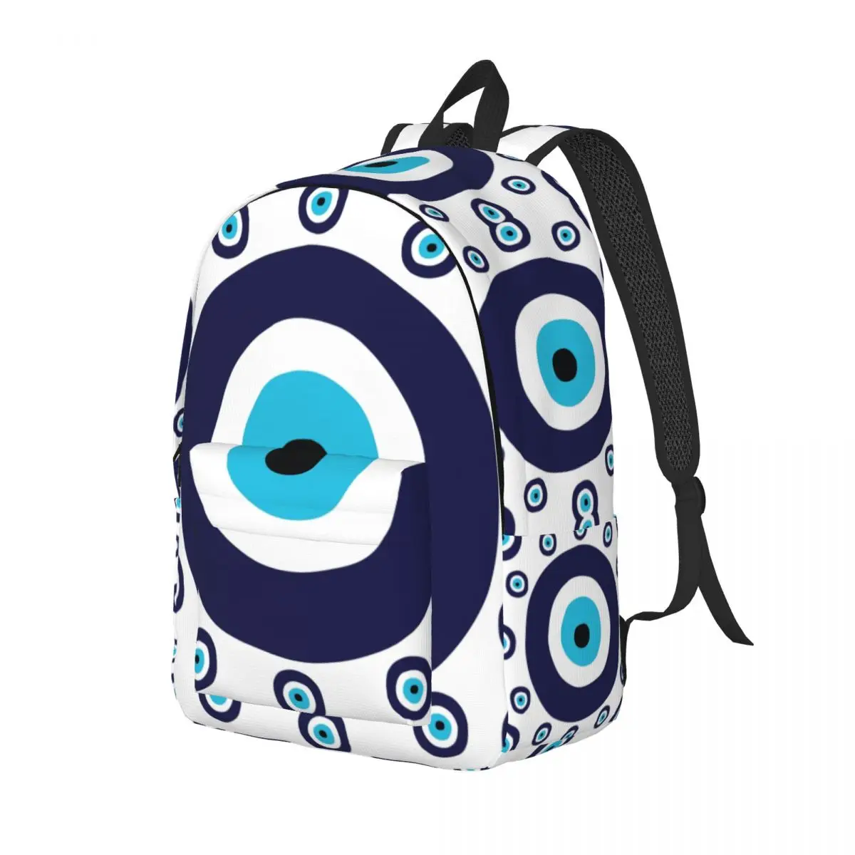 Custom Navy Blue And Aqua Nazar Evil Eye Lucky Charm Canvas Backpack Women Men Bookbag for School College Amulet Boho Bags
