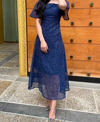 Blue Beads Evening Dresses Short Sleeve Square Neck Ankle Length Evening Party Dress 2024 Customized Formal Prom GownsML-113