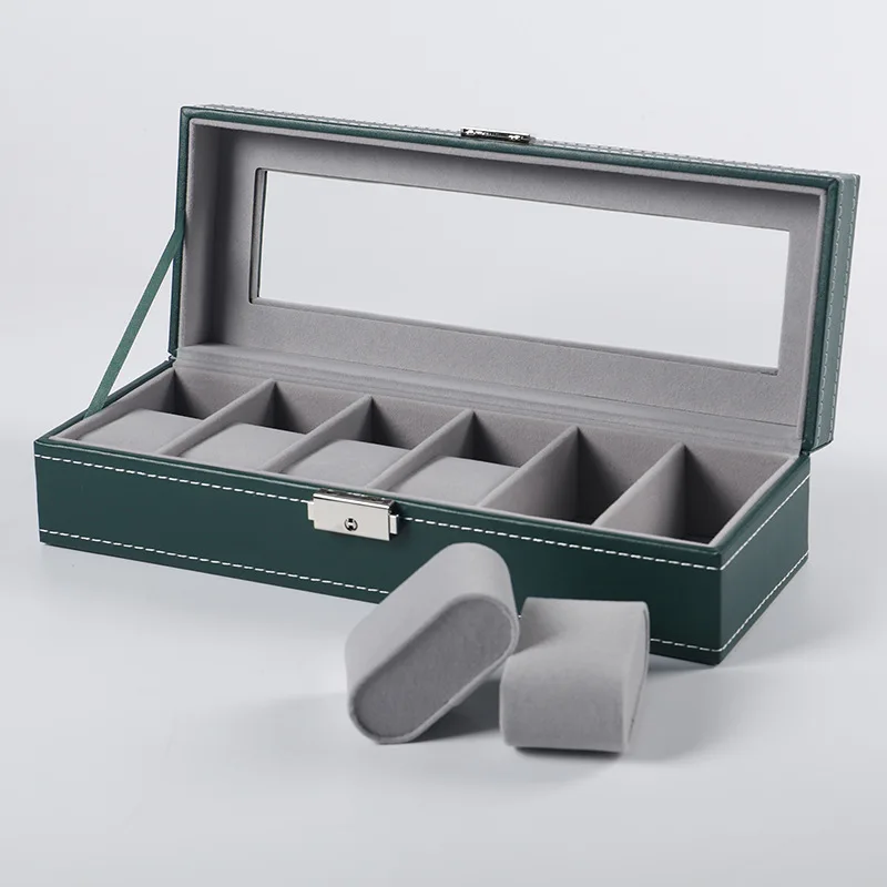 Caja organizadora de reloj de cuero PU caja de almacenamiento de vidrio joyería pulsera multifuncional verde 6/10/12 ranuras