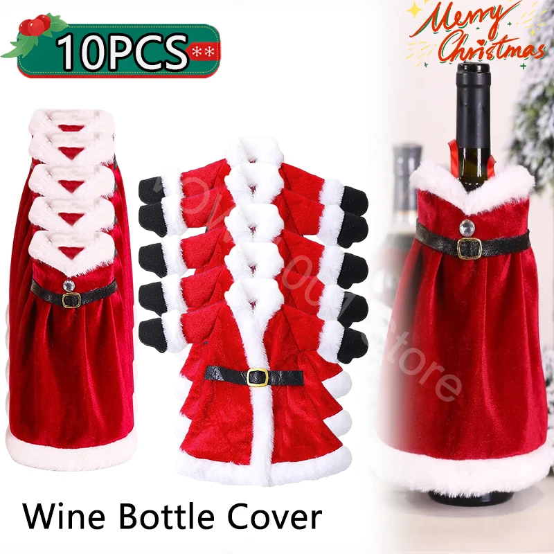 10PCS Christmas Red Dress Bottle Set Christmas Gift Bags Holder Drop Shipping Dust New Year Gift Christmas Decoration For Home