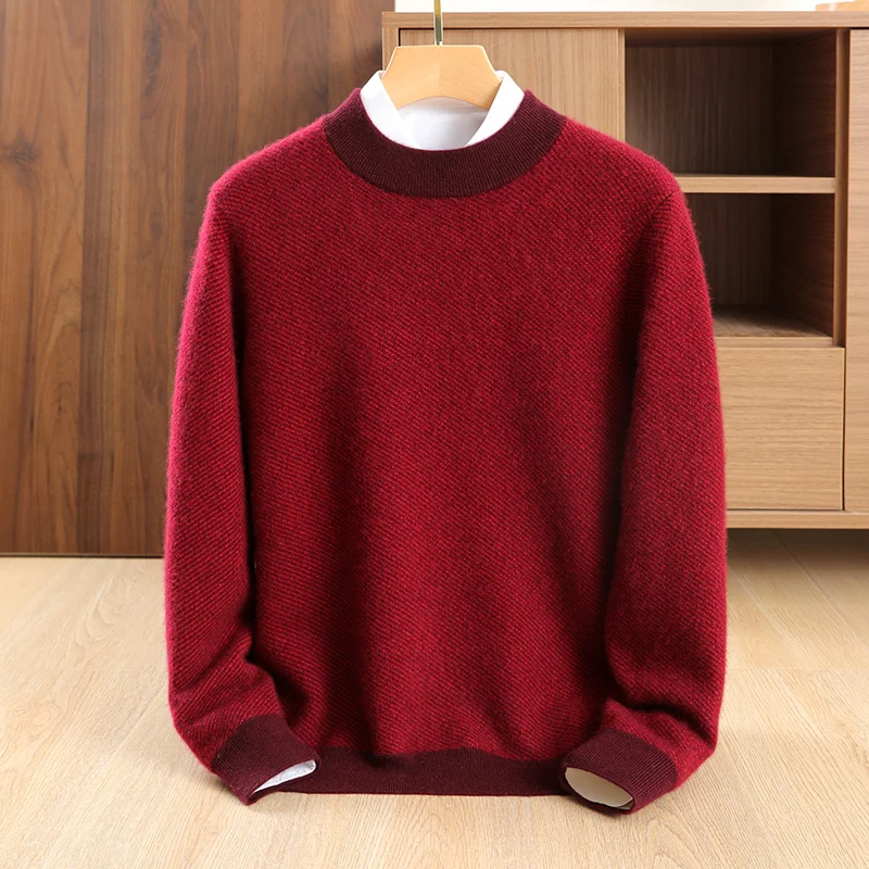 Sweater dasar pria berbahan kasmir 100% murni, merek kelas atas, kerah semi tinggi, tebal, kasual bisnis, untuk musim gugur dan musim dingin, kerah sedang-tinggi.