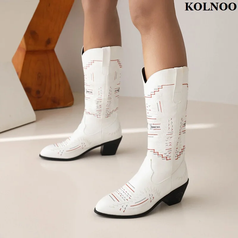 

Kolnoo Handmade New Real Photos Womens Boots Embroider Classic Style Vintage Retro Midcalf-Booties Large Size Fashion Prom Shoes