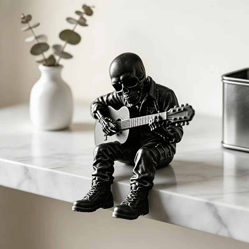 Rock Music Skeleton Guitar Player Statuettes Ornaments Rock Musician Ornaments Cool Home Desk Decor for Rock & Roll Lovers Gifts