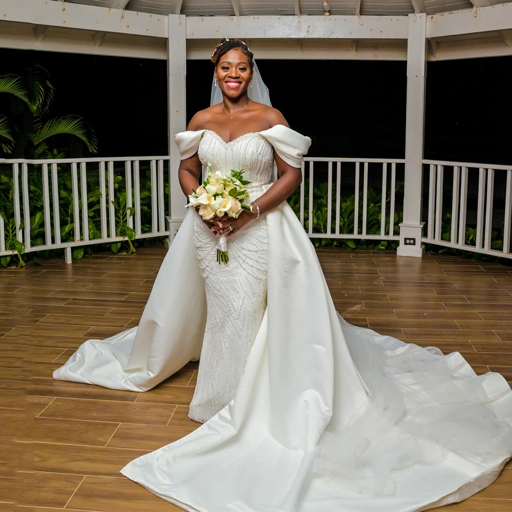 

Beaded Mermaid Wedding Dresses Off Shoulder Satin Sweetheart African Women Bride Gowns Luxury vestidos de novia Customized