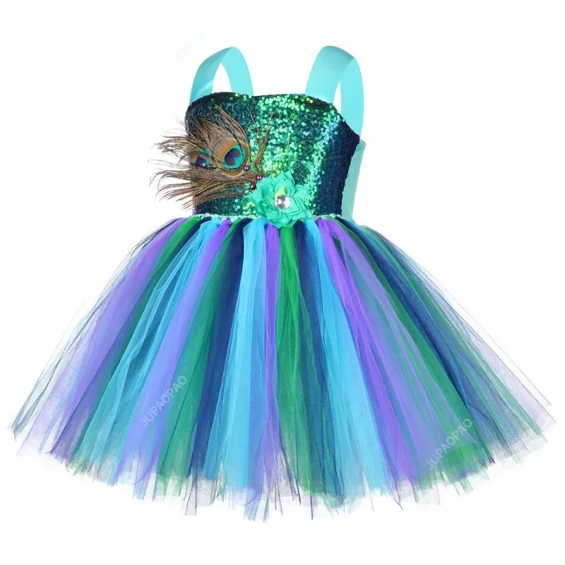 Flower Feathers Girls Peacock Tutu Dress Kids Tulle Princess Peacock Costume for Girls Pageant Halloween Birthday Party Gown BC