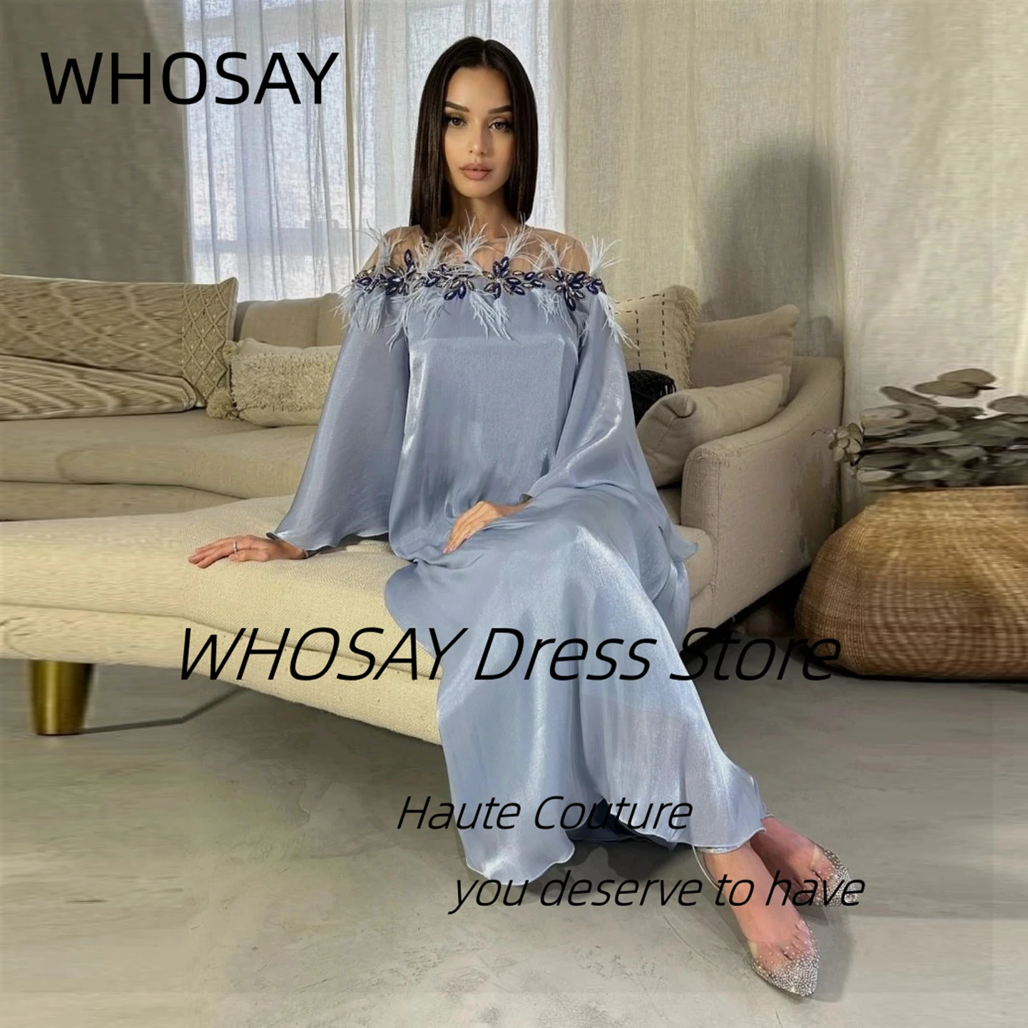 WHOSAY Robe Des Marrige Feathers Boat Neck Prom Dresses Long Sleeves Zipper Back Evening Gowns Ankle Length Party Dress