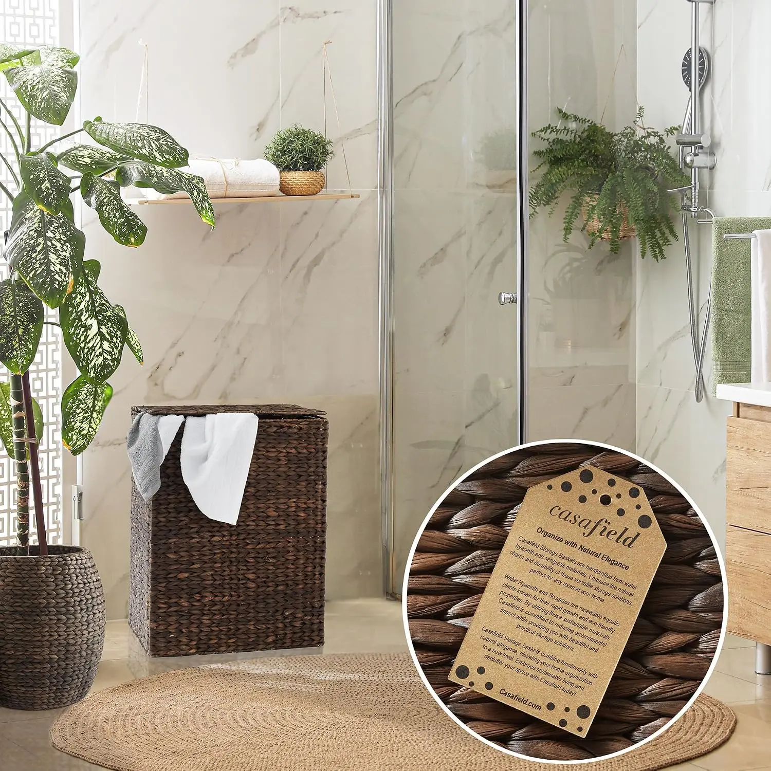Large Laundry Hamper with Lid and Removable Liner Bag - Espresso Dark Brown, Woven Water Hyacinth Rectangular Laundry Basket
