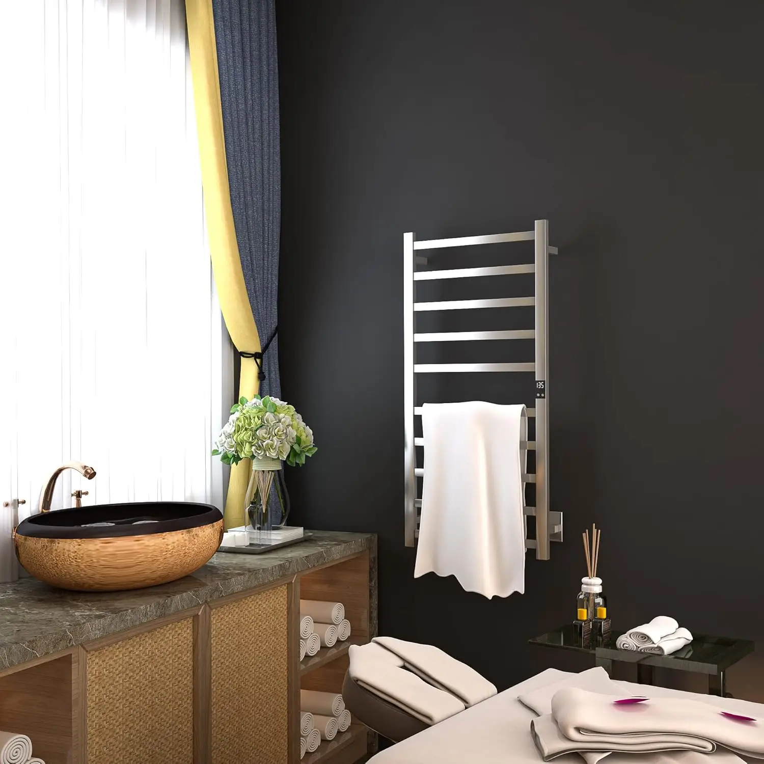 سخان المناشف الكهربائية اللاسلكية الذكية |   تصميم شفرة رفيعة 10 بار |   سلكي ومكونات إضافية |   متوافق مع Alexa وGoogle Home |   مصقول