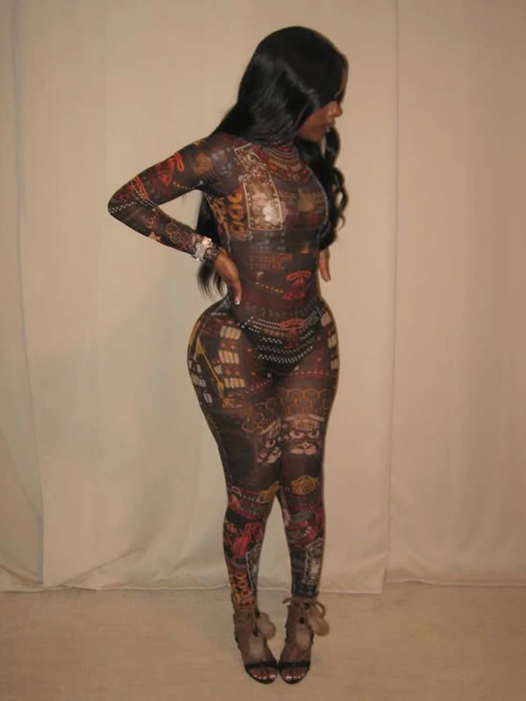 

Женский комбинезон Nibber с длинными рукавами, цветной, сексуальный, с круглым вырезом, на молнии, для клуба, отпуска, на ночь, эластичный, прозрачный, стрейч-комбинезон