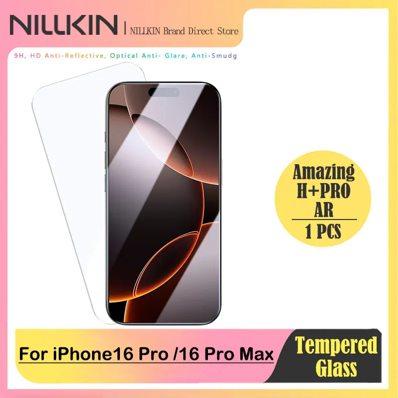 Para iPhone 16 Pro/Pro Max, Cristal Templado NILLKIN H+ Pro AR, Revestimiento Anti-Reflejante, Borde Curvo 3D 9H, Instalación sin Polvo