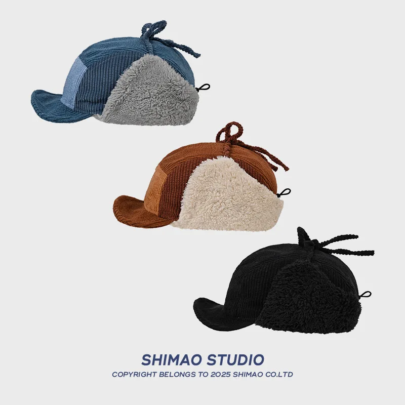 

Corduroy Plush Splicing Baseball Cap Cold Ear Protection Bomber Cap Men and Women Warm Autumn and Winter Lei Feng Hat