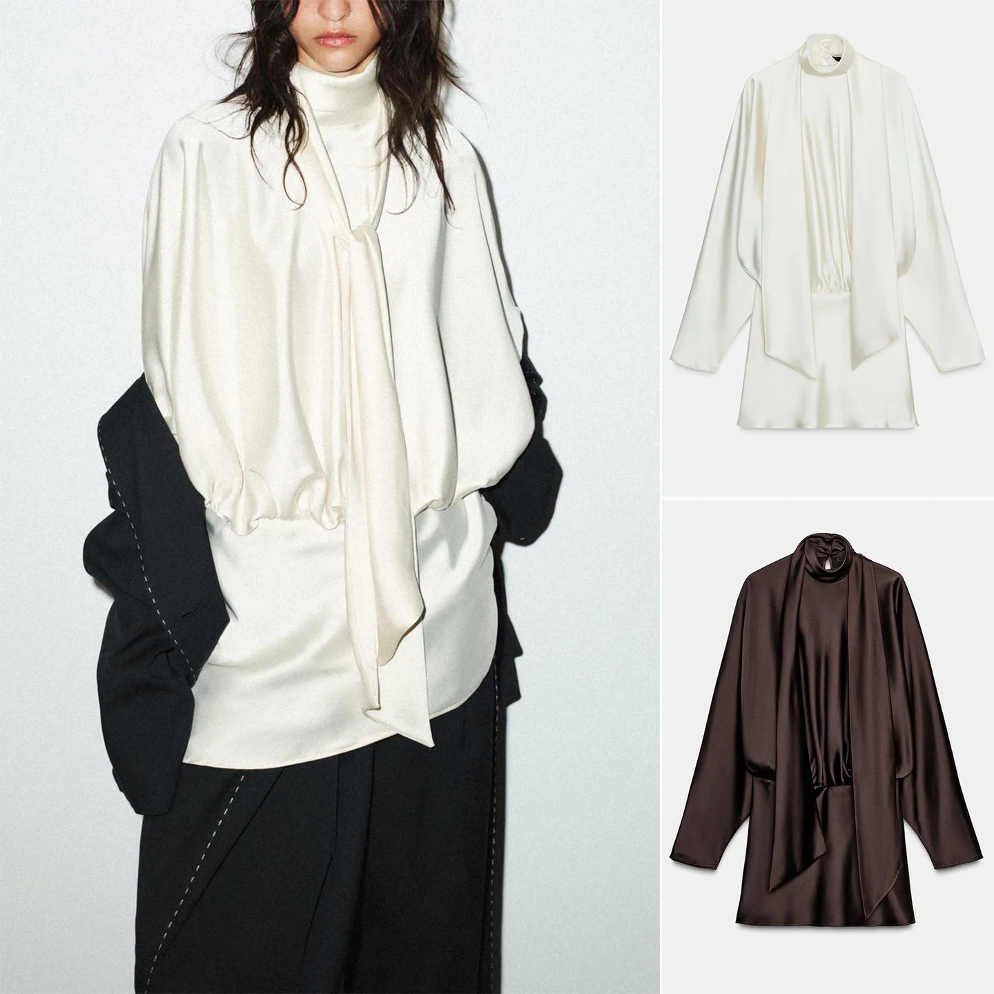 Soie Satin longue Sve col haut ample femmes Dr avec écharpe décontracté a-ligne jupe Polyester tissu fermeture à glissière