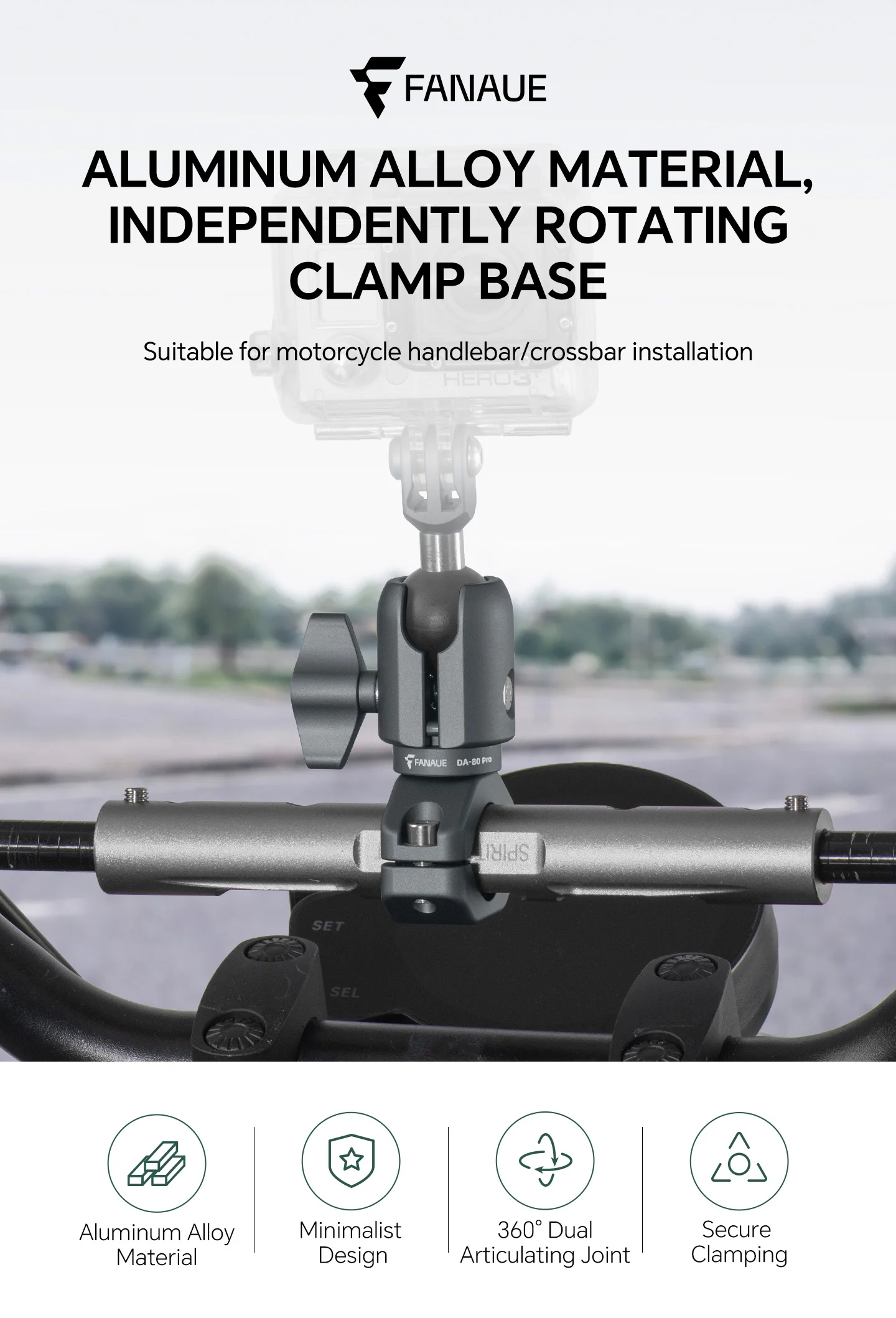 FANAUE Motorrad-Handyhalterung, verlängerter Lenkerbügel, Kugelkopf-Basis, Sportkamera, schnelle Demontage, Diebstahlschutz – Detail 1