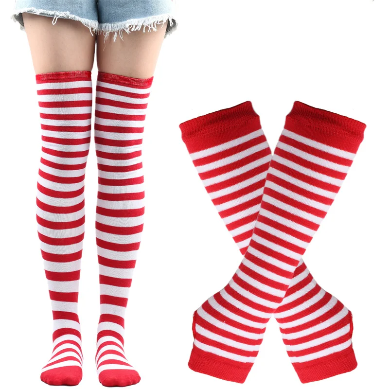 1Set Women Girls Over Knee Long Stripe Printed Thigh High Cotton Socks Arm Sleeve Gloves Anime Cosplay Stocking Glove