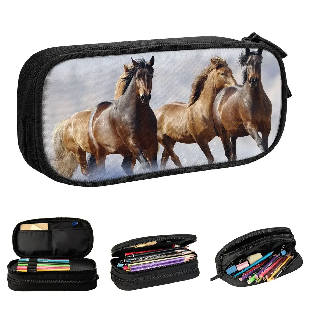 Wild Horse Running Pencil Case Galloping Animal Lovers Pencil Pouch Pen Holder Big Capacity Bag School Supplies Gifts Stationery