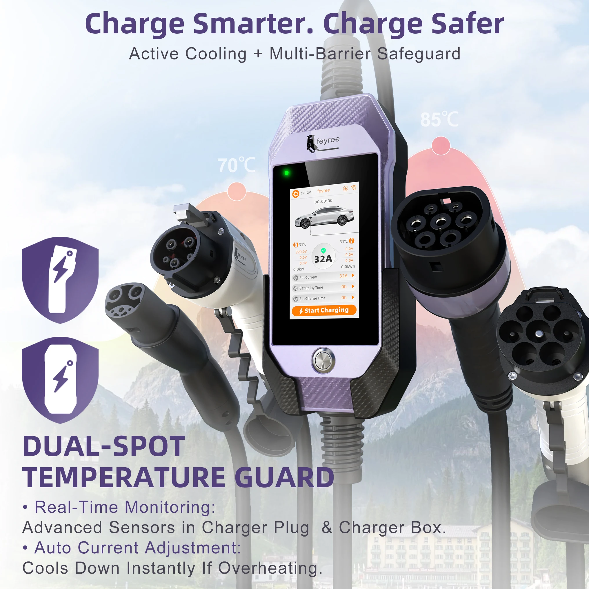 feyree Type2 /Type1 /GBT /TS-NACS 4.3 بوصة تعمل باللمس شاحن EV 32A 7kW 1P شاحن محمول التطبيق الذكي WiFi التحكم لسيارات EV