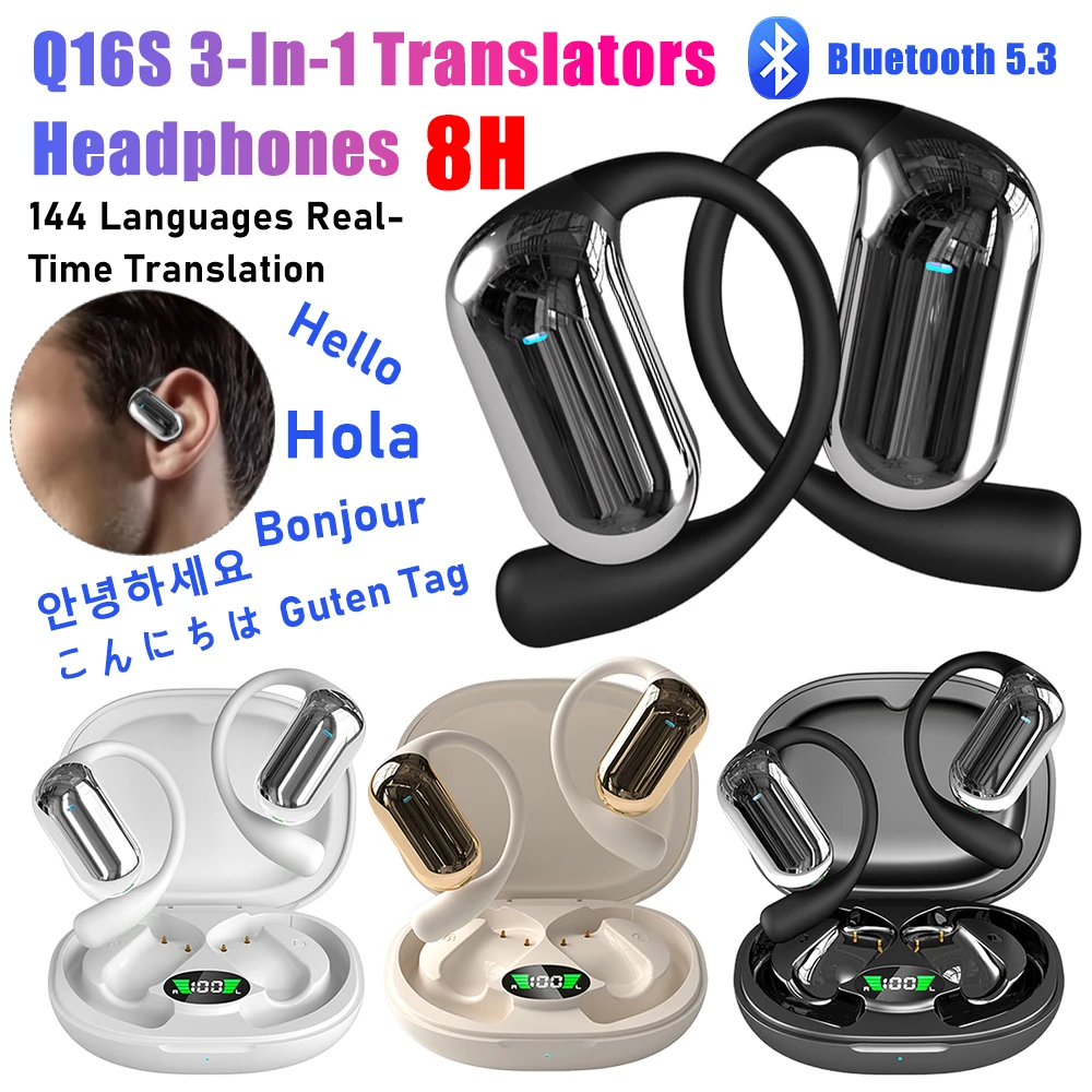 Q16S 3 في 1 سماعات مترجم 144 لغة ترجمة صوتية فورية سماعات أذن سماعة لاسلكية تعمل بالبلوتوث 5.3 سماعات أذن للأعمال