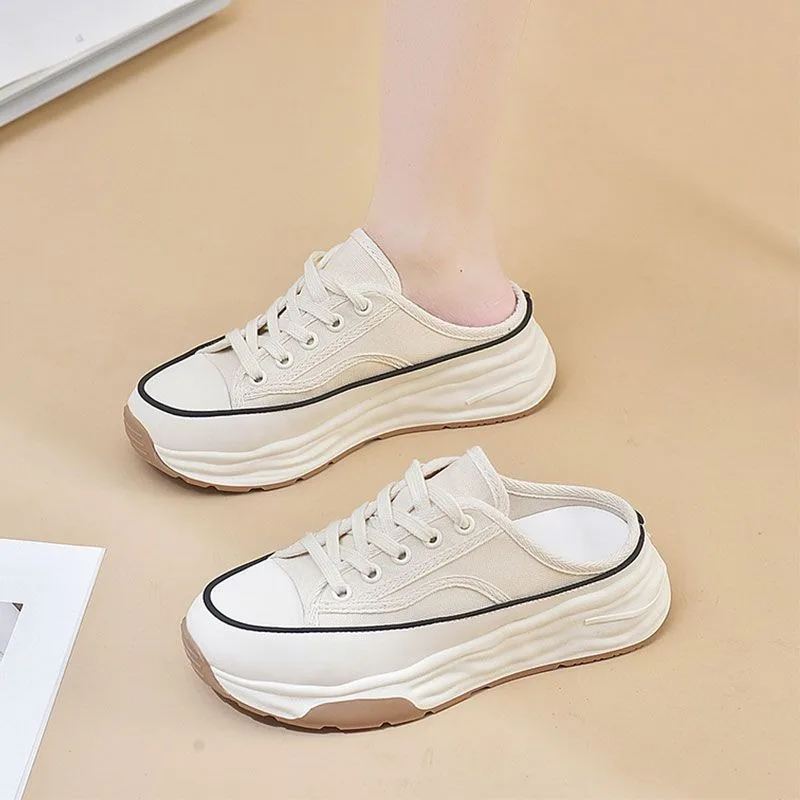 Sport Custom Designer Fashion Platform Chunky Heels Sneakers Shoes for Women White Canvas Shoes Slingback