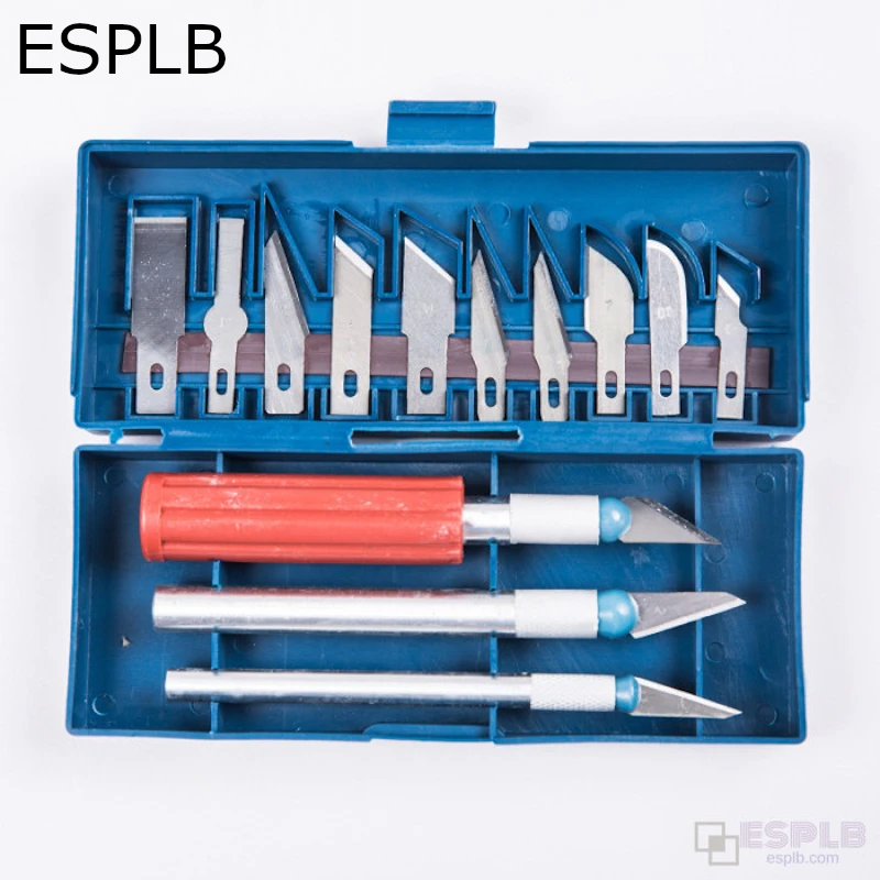 ESPLB 13pcs/Set Metal Scalpel Knife Portable Blue Box includes 3pcs Carving Handles & 10pcs Knife Blades DIY Manuel Repair Tool