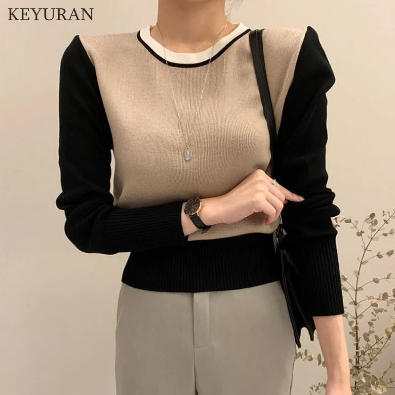 

Korean Color-blocked Knitted Pullovers Sweater 2023 Autumn Long Sleeve O-neck Fashion Slim Patchwork Knitwear Tops Jumpers Femme