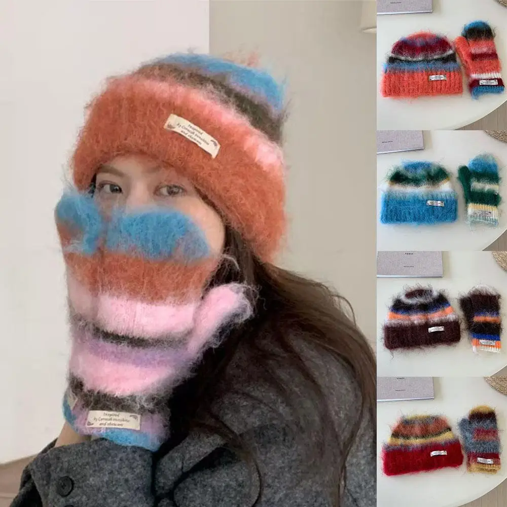 

Two Piece Set Striped Rainbow Beanies Hat Gloves Plush Knitted Ear Protection Cap Mittens Outdoor Coldproof Gloves Cap Set