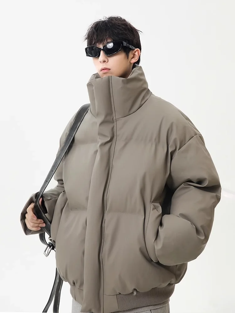 

Cool ort Bread PU Leather Stand Collar Cotton Jaet for Men Trendy Street Sle Winter Warmth Windproof Thiened M Out...