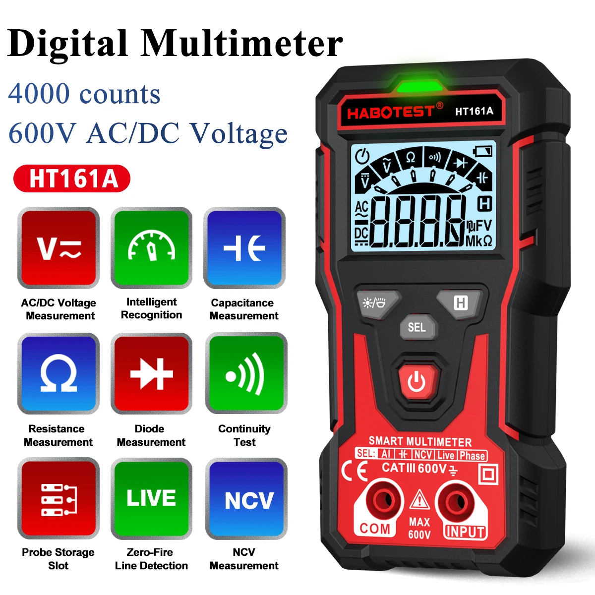 HT161A 4000 Counts Digital Multimeter,Auto-Ranging TRMS Multimeter,600V AC/DC Voltage,NCV Capacitance Resistance Continuity Test