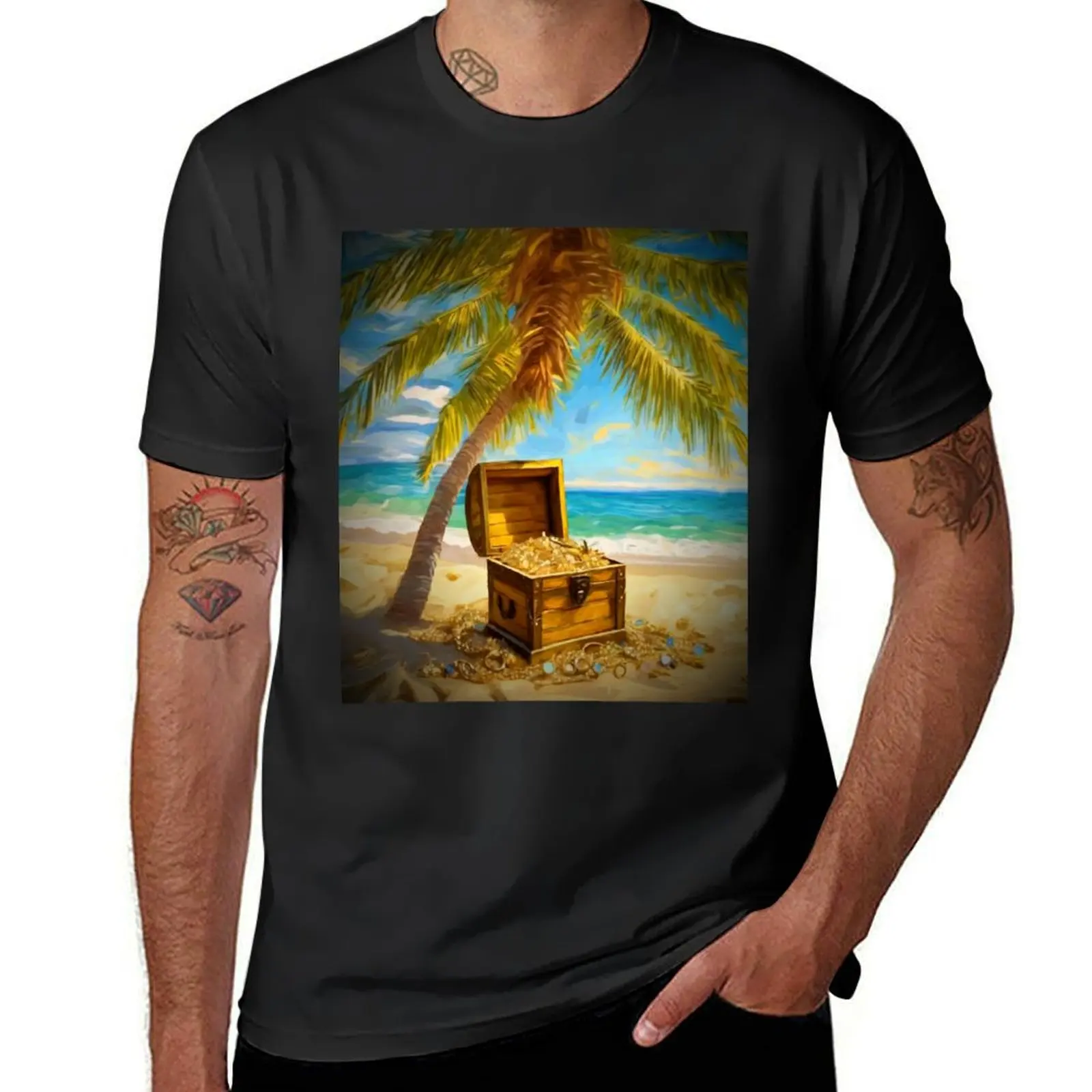

Captivating Beach Scene: Open Treasure Chest with Gold and Jewelry T-Shirt plain summer clothes oversized t shirts for men