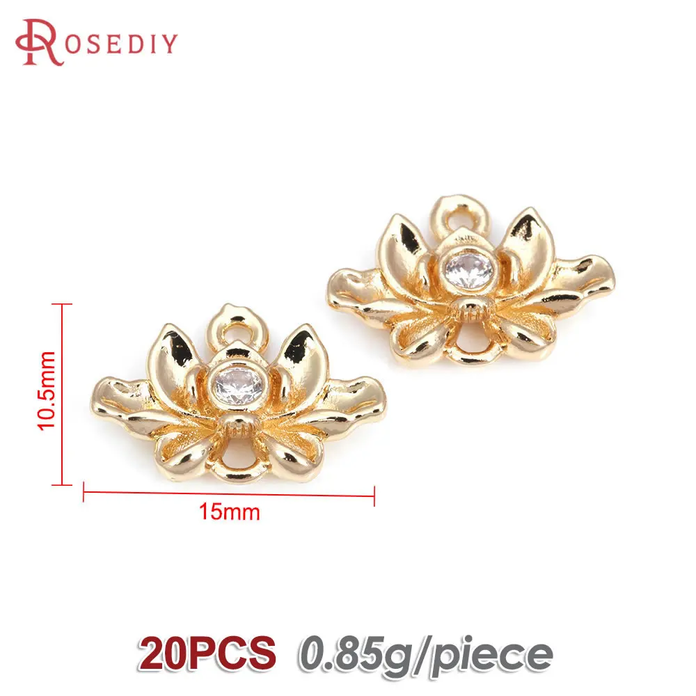 20PCS 18K Gold Color Brass and Zircon 2 Holes Lotus Flowers Connect Charms Pendants Diy Jewelry Making Earrings Accessories